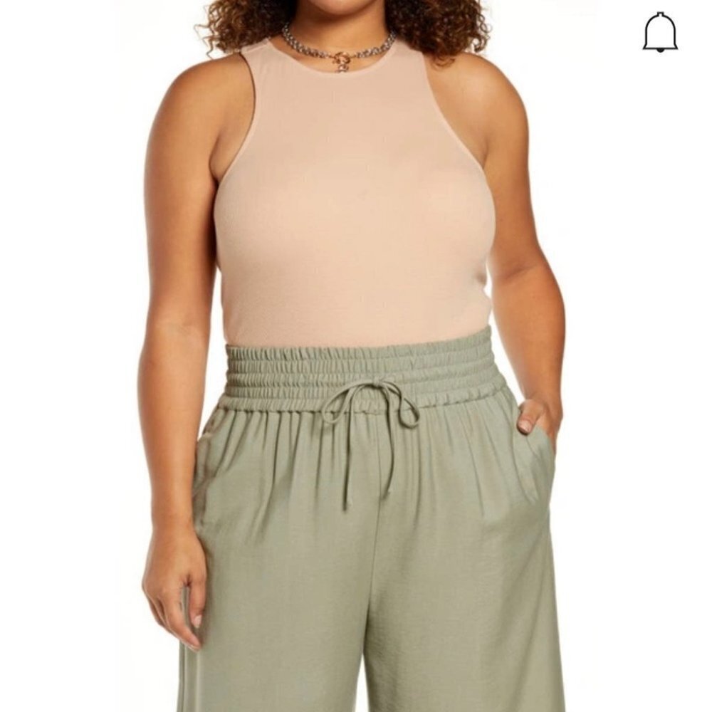 Open Edit Crewneck Rib Thong Bodysuit In Tan Nougat